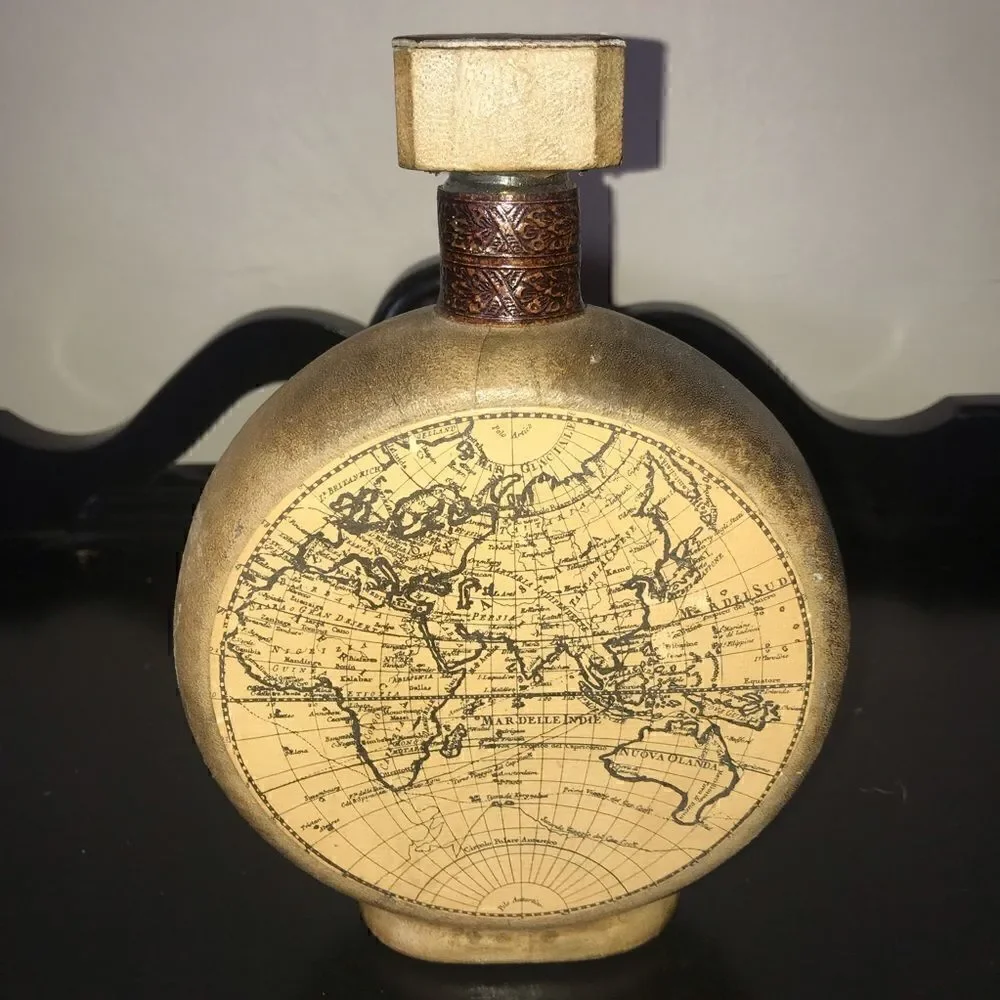 VTG Glass Bottle in Leather Case - Map Design Made in Italy